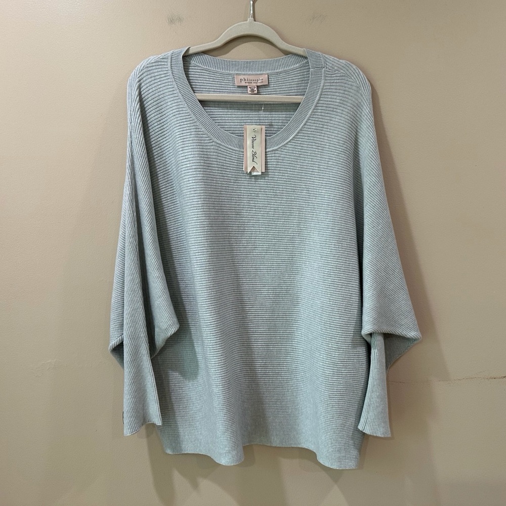 NWT Philosophy Womans Plus 3X Grey Dolman Sweater Ribbed Knit Batwing Pullover